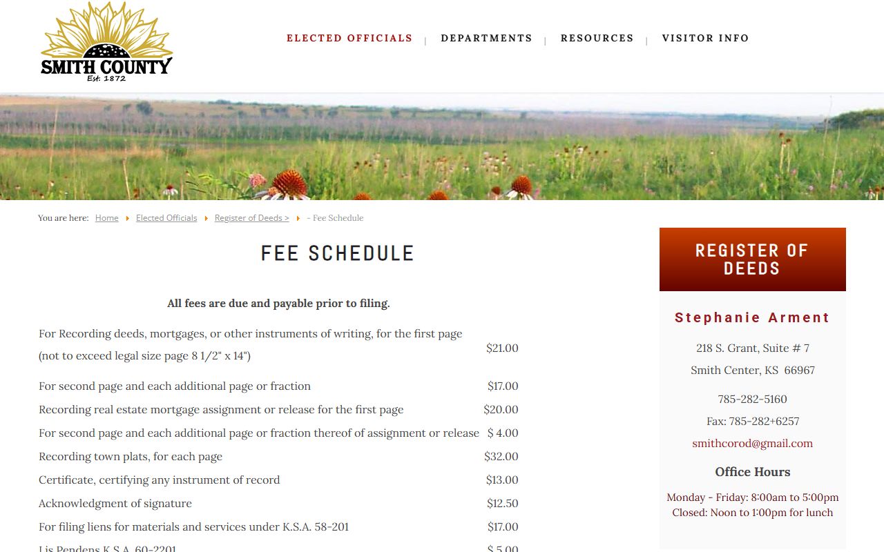 Smith County Clerk of the District Court records and Register of Deeds fee schedule