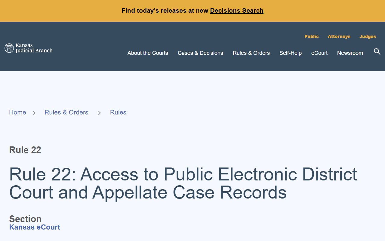 Smith County District Court records Kansas Supreme Court Rule 22 access page