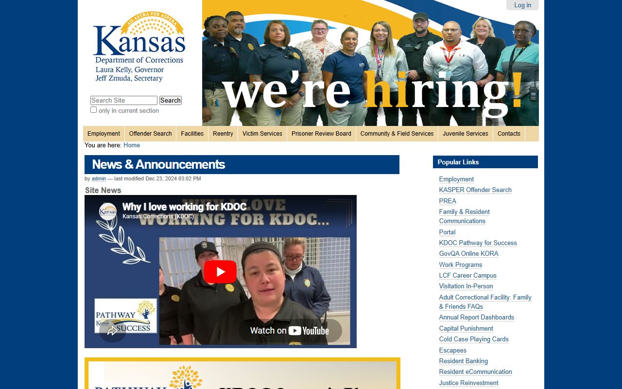 Smith County inmate records Kansas Department of Corrections offender search entry point
