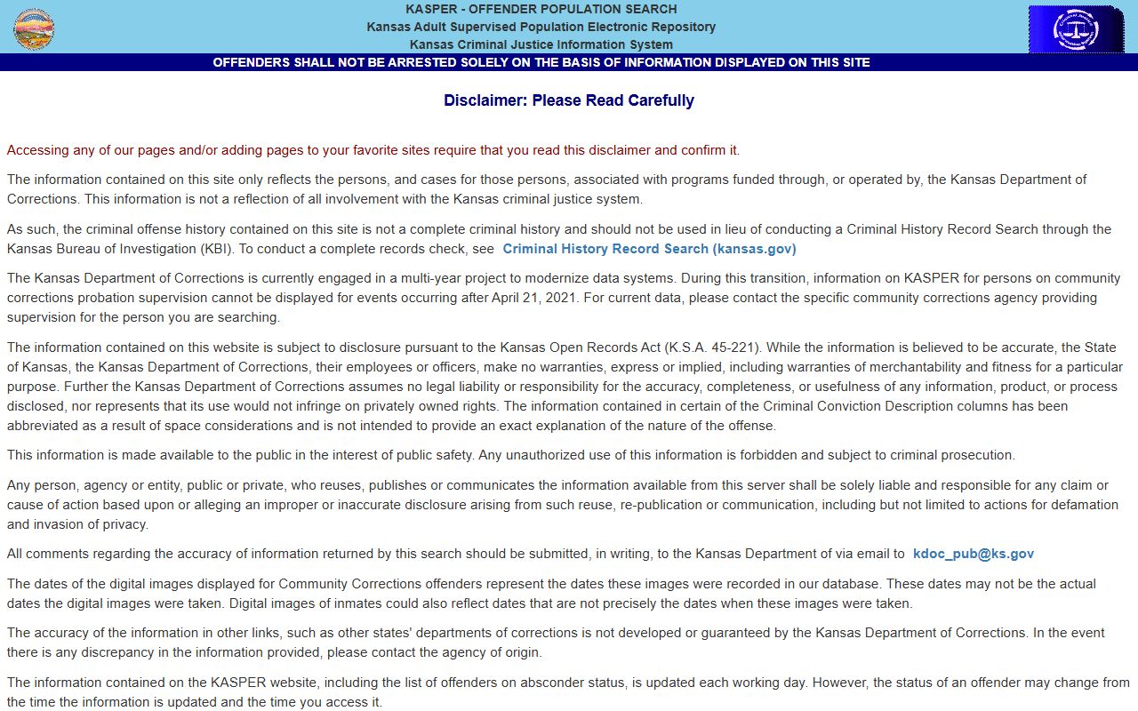 Smith County inmate records KDOC KASPER offender search fields