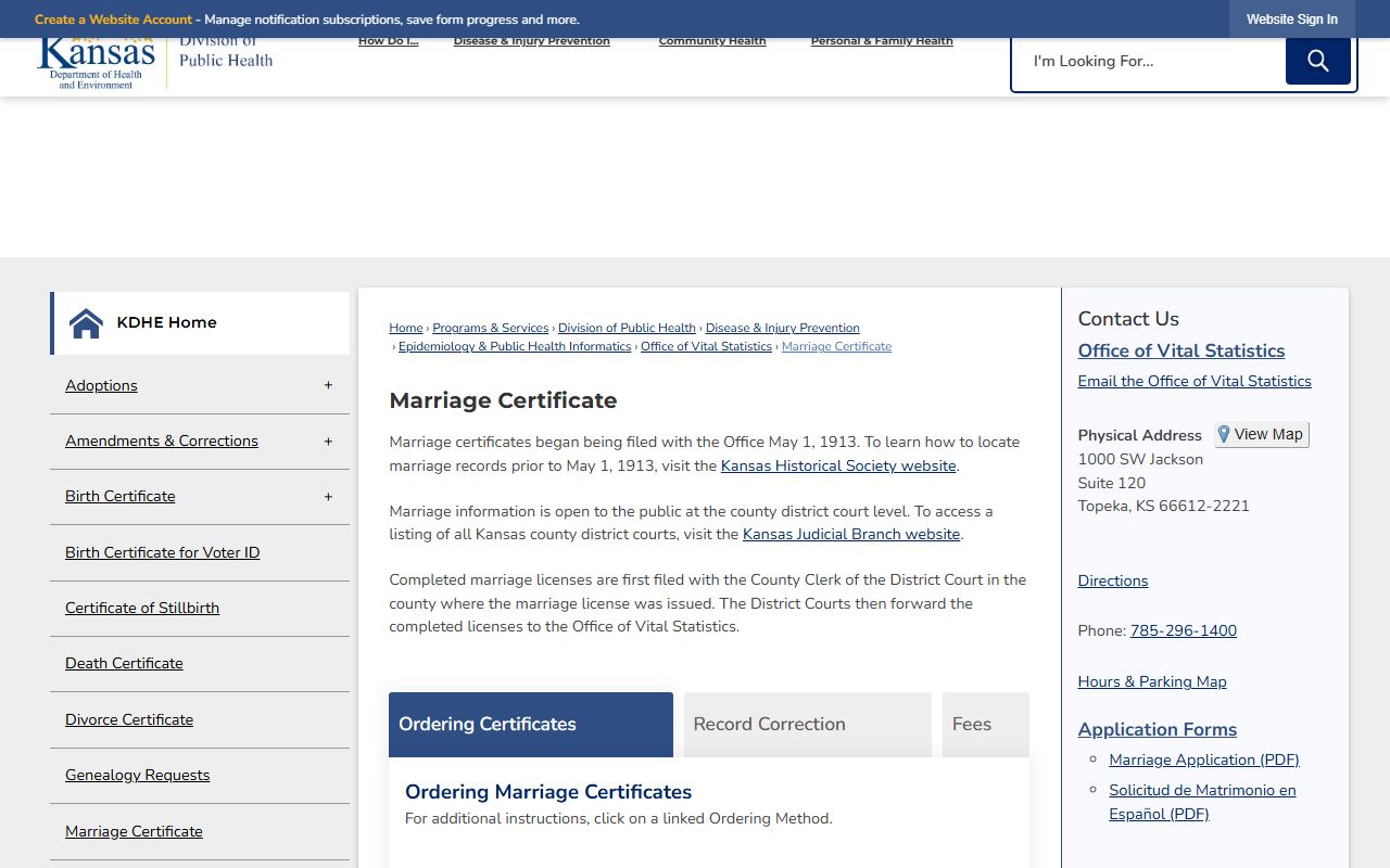 Smith County marriage records KDHE marriage certificate ordering page